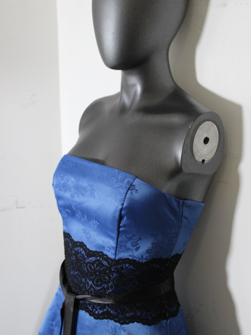 Vintage Urban Girl Nites Blue Strapless Jacquard Dress Black Lace Trim XS